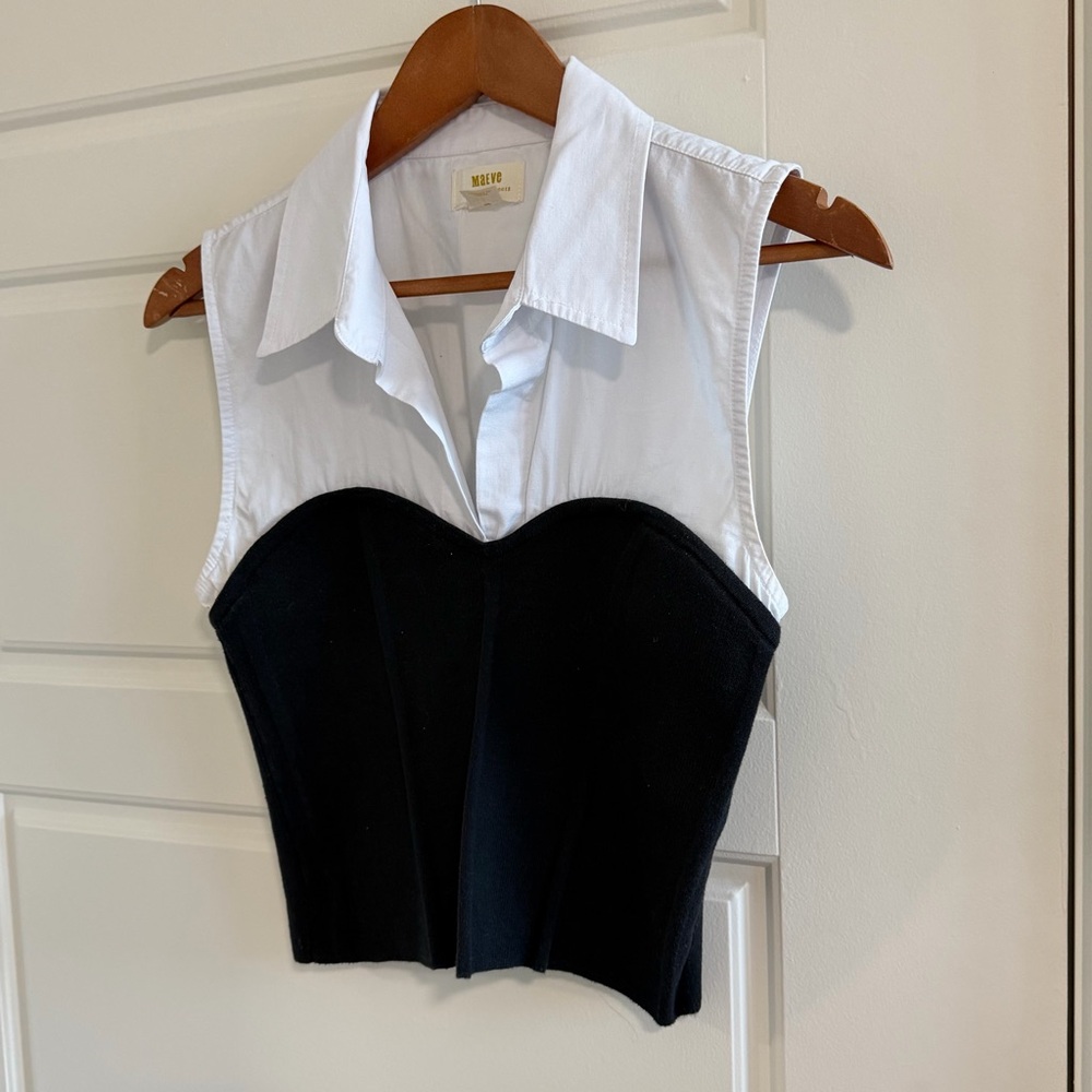 Anthropologie Maeve Black and White Sleeveless Blouse with Busier and Collar - Picture 2 of 8